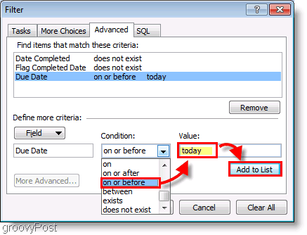 Screenshot: Outlook 2007 Takenbalk Setup-filter vandaag