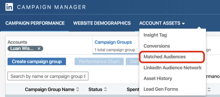selecteer Matched Audience in het vervolgkeuzemenu Account Assets in LinkedIn Campaign Manager