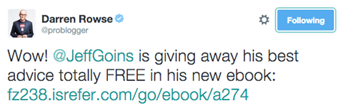 darren rowse tweet die het ebook van Jeff Goins promoot