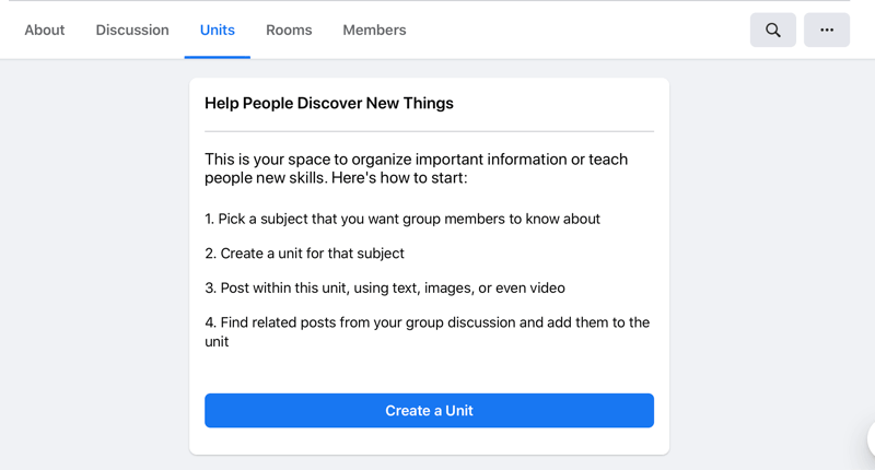 optie om een ​​eenheid te maken op de krat een eenheidstabblad van Facebook-eenheden