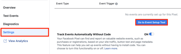 Gebruik de Facebook Event Setup Tool, stap 2, Ga naar de Event Setup Tool knop op het tabblad Instellingen