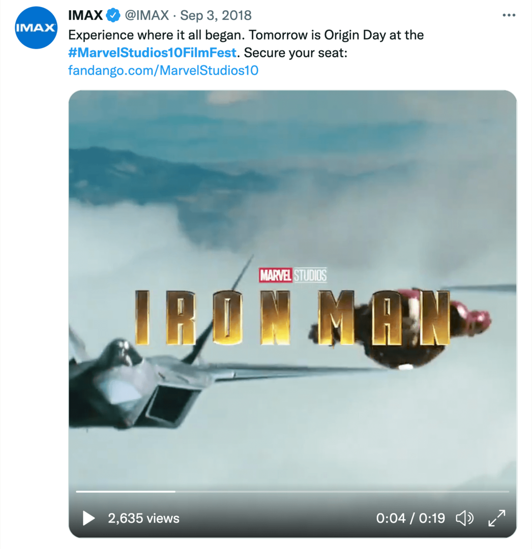 afbeelding van IMAX tweet over Marvel Studios 10 jaar filmfestival