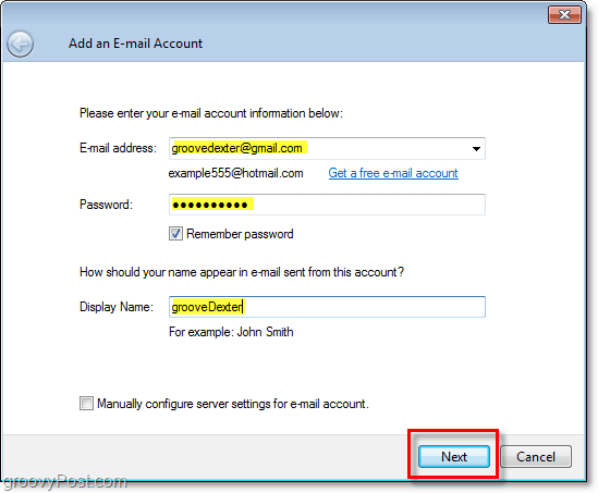 voer inloggegevens in voor e-mailaccount in Windows Live Mail