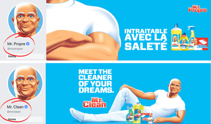 Facebook-pagina en omslagafbeelding met taalverschillen voor het merk Mr. Clean in Frankrijk / België en de Amerikaanse markten