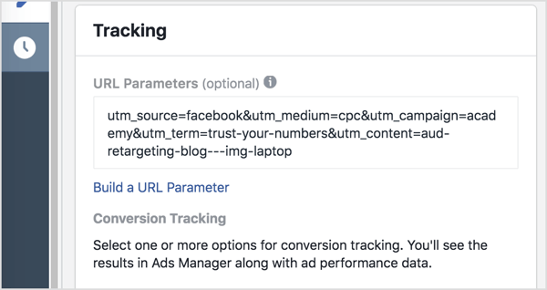Voeg in Advertentiebeheer uw trackingparameters (alles na het vraagteken) toe aan het vak URL-parameters.