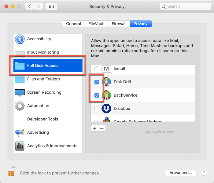Volledige toegang tot Drive Drill autoriseren op macOS
