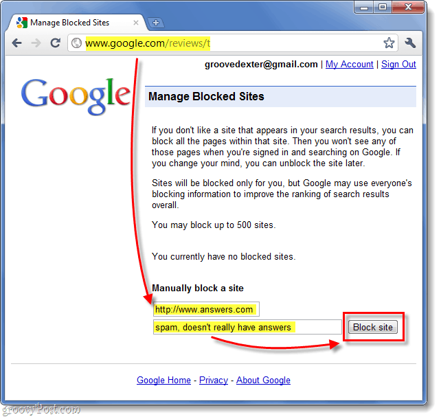handmatig een website blokkeren voor zoekresultaten van Google 