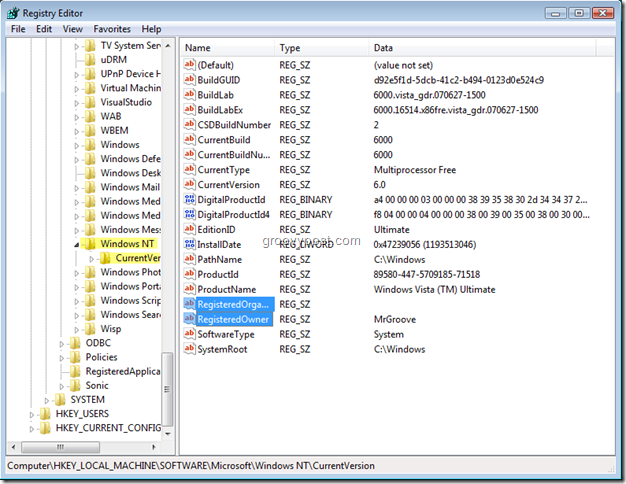 Screenshot van de Windows Register-editor