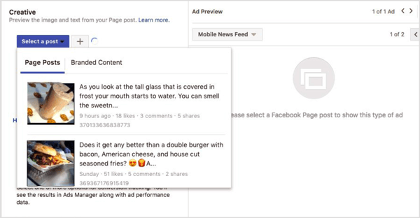 Selecteer een bericht voor een Facebook-engagement-advertentie.