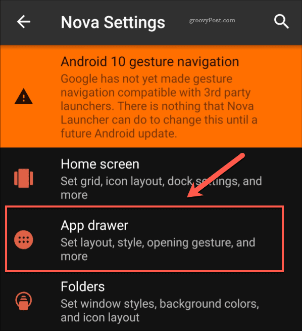 Nova-instellingen app drawer menu-optie