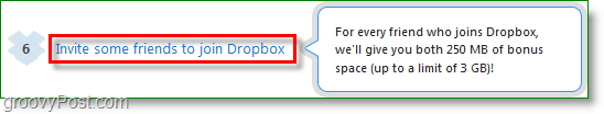 Screenshot van Dropbox -ruimte leren door vrienden uit te nodigen