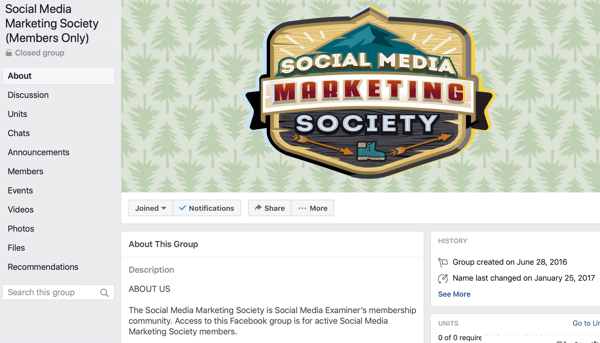 Hoe Facebook Groups-functies te gebruiken, voorbeeld van Facebook-groepspagina voor Social Media Marketing Society