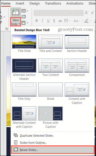 Nieuwe dia, dia's opnieuw gebruiken in PowerPoint op Windows