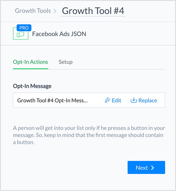 Molly Pittman zegt dat je met de ManyChat Facebook Ads JSON Growth Tool een Facebook-advertentie aan je chatbot kunt koppelen.