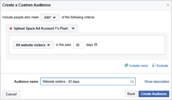Kies opties om een ​​aangepaste Facebook-doelgroep in te stellen van alle websitebezoekers in de afgelopen 30 dagen