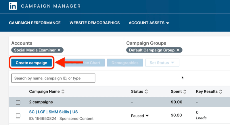 LinkedIn campagnemanager advertenties dashboard voorbeeld met de knop campagne maken gemarkeerd