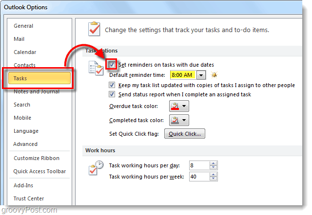 Hoe standaard taakherinneringen voor Outlook 2010 in te stellen