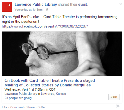 Lawrence openbare bibliotheek evenement Facebook-bericht