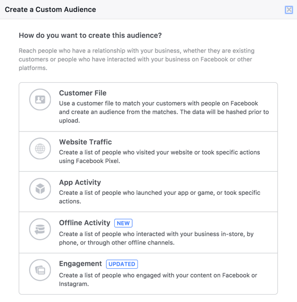 Selecteer in de Facebook Audiences-tool Betrokkenheid om een ​​publiek te maken van mensen die je live video's hebben bekeken.