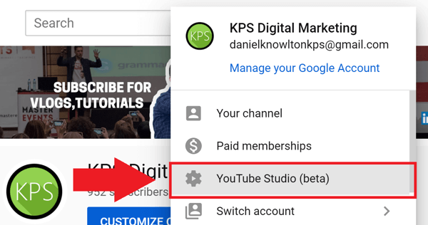 Marketingstrategie voor sociale media; Screenshot van stap 1 om toegang te krijgen tot YouTube Analytics.
