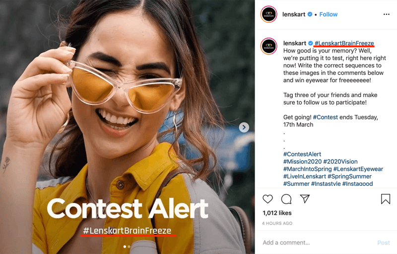 voorbeeld van een Instagram-wedstrijdpost met hashtag van het merk in afbeelding en bijschrift