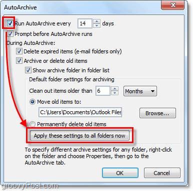 schakel automatisch archiveren in voor alle e-mails van Outlook 2010