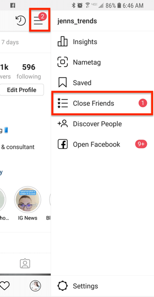 Optie voor goede vrienden vanaf een Instagram-profiel.