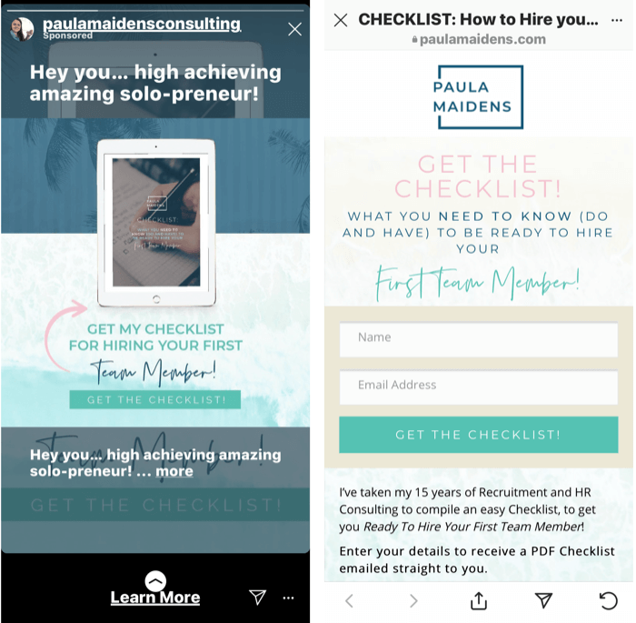 screenshot van een Instagram Stories-advertentie met een gratis checklist voor het aannemen van je eerste teammanager