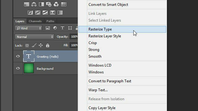 Cheat Photoshop Text Layer Transformations Trick rasteren type laag lagen paneel Photoshop rasterlaag