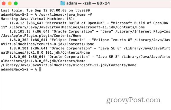 mac-lijst met geïnstalleerde Java jdks