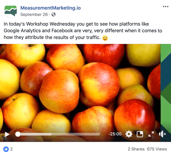 Dit is een screenshot van een Facebook-bericht van de MeasurementMarking.io-pagina. De post toont ook een video die de hoofdmagneet van Chris Mercer op Workshop Wednesdays promoot. Gebruikers die de video bekijken of erop klikken, hebben mogelijk een bewustmakingsdoel bereikt.