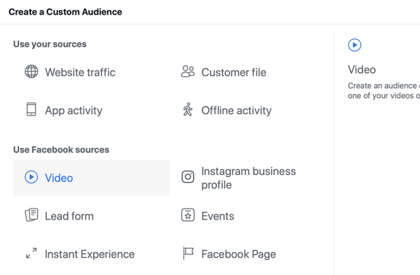 Hoe u uw live-evenement op Facebook kunt promoten, stap 8, maak een aangepast publiek in Facebook Ads Manager op basis van videoweergaven
