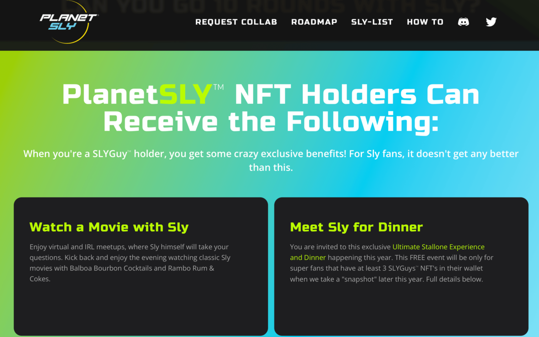 afbeelding van PlanetSly-website met uitleg over voordelen voor SLYGuy NFT-houders
