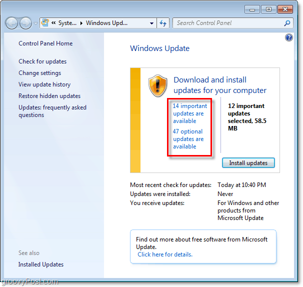 Windows 7 - Schermafbeelding van Windows Update-pagina