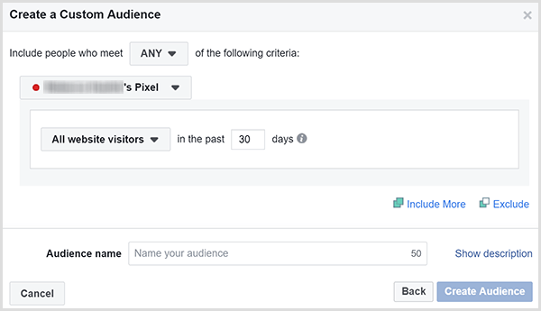 Het Facebook Create a Custom Audience-dialoogvenster heeft een optie om advertenties binnen een bepaald aantal dagen op alle websitebezoekers te richten.