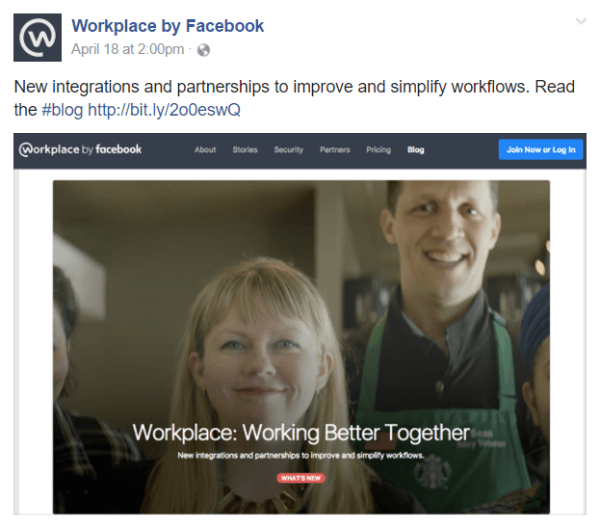 Facebook heeft verschillende nieuwe integraties en partnerschappen aangekondigd binnen zijn Workplace by Facebook-teamcommunicatietool.