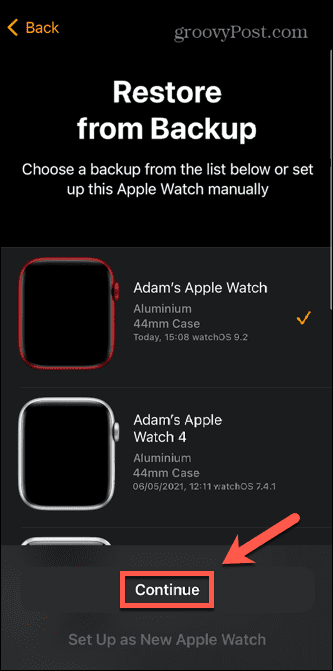 Apple Watch selecteert back-up