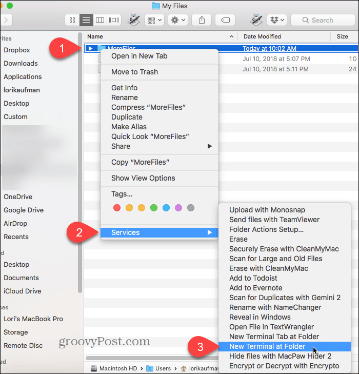 Selecteer New Terminal at Folder op een Mac