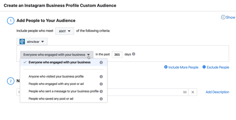 Maak een Instagram Business Profile Custom Audience-venster