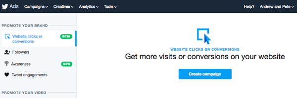 Selecteer de optie Websiteklikken of conversies om uw Twitter-advertentie in te stellen.