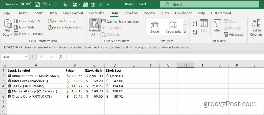 verfrissende voorraadgegevens in Excel
