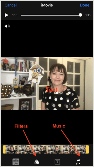 Tik op de tools onder aan het scherm om filters en muziek toe te voegen in iMovie.