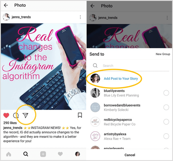 Zoek naar de optie Post toevoegen aan je verhaal om te zien of je toegang hebt tot de functie Instagram opnieuw delen.