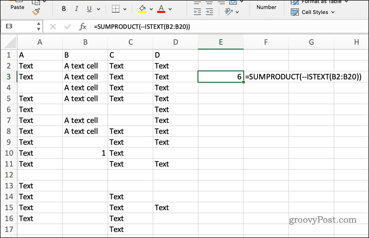 SUMPRODUCT gebruiken met ISTEXT in Excel