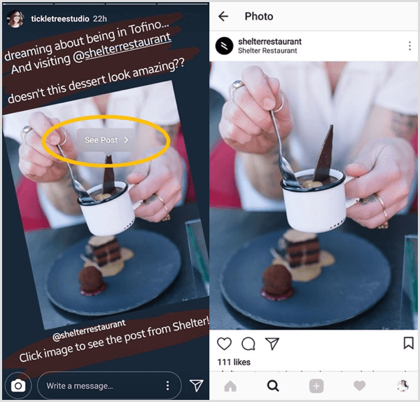 Tik op een opnieuw gedeeld Instagram-bericht en tik vervolgens op de knop Post bekijken om rechtstreeks naar het oorspronkelijke bericht van die gebruiker te gaan.