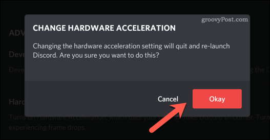 Bevestiging van een wijziging in de instellingen voor hardwareversnelling van Discord