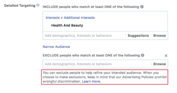 Facebook introduceerde nieuwe prompts die adverteerders herinneren aan het antidiscriminatiebeleid van Facebook voordat ze een advertentiecampagne maken en bij het gebruik van de uitsluitingstools.