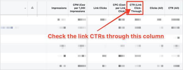 Scrol in het gedeelte Advertentiesets van uw dashboard naar rechts en zoek de kolom CTR (Link Click-Through).