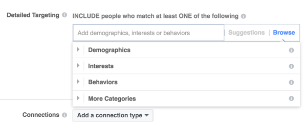 Facebook biedt drie hoofdcategorieën voor targeting.