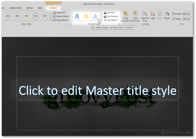 Office 2013-sjabloon Maken Aangepast ontwerp maken POTX Dia's aanpassen Zelfstudie Hoe WordArt Stijl Lettertype Kleur Eigenschappen Tekst Voorinstelling Bewerken